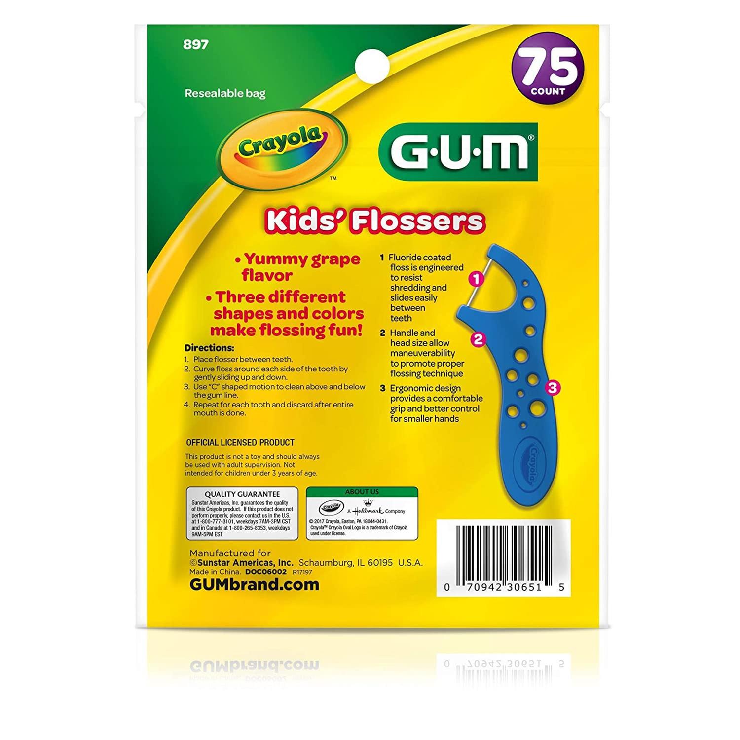 Fio Dental Gum Crayola Kids' Flossers, Uva, Fluoreto Revestido,75