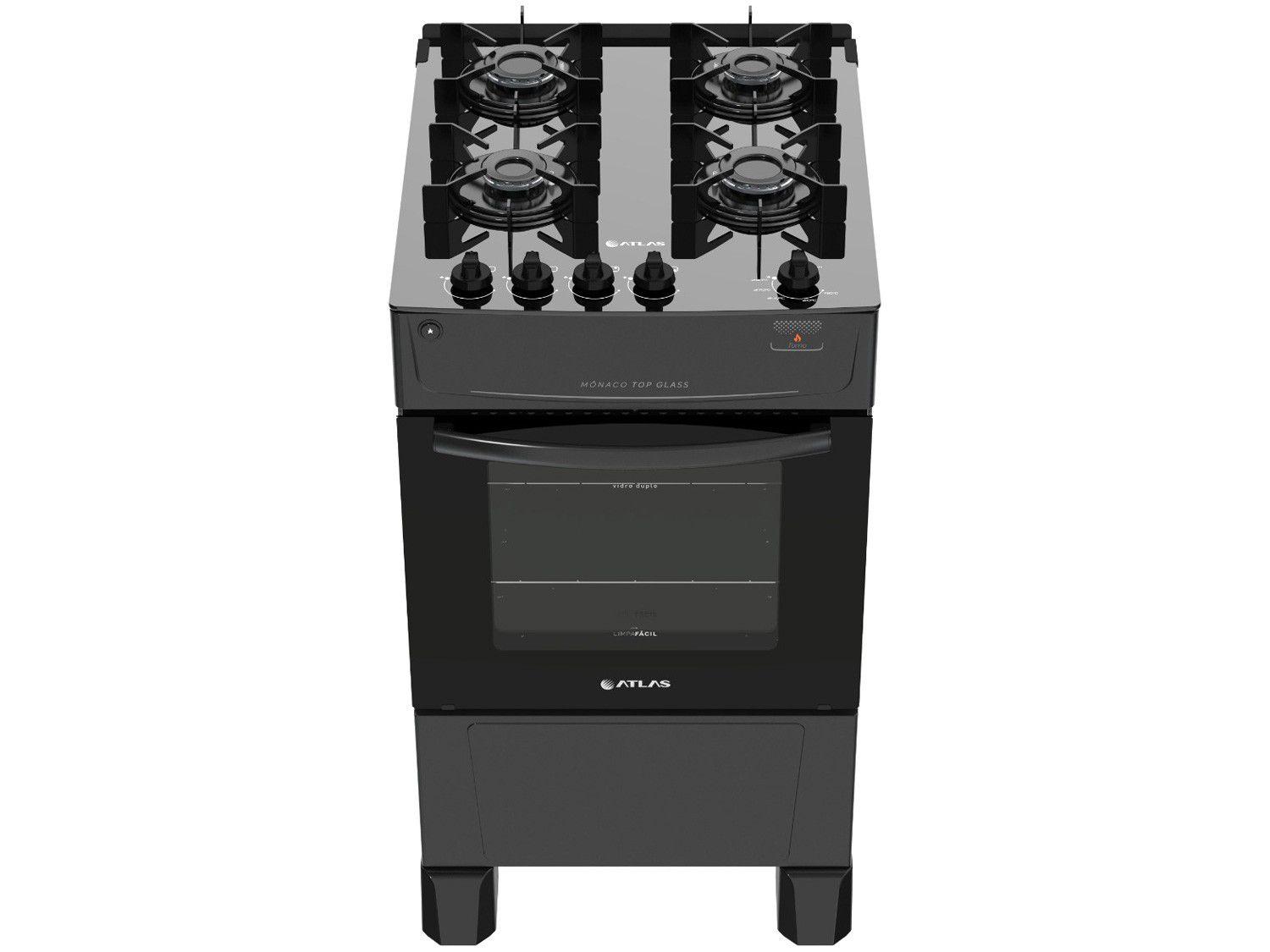 Fogão 4 Bocas Atlas Preto Mesa de Vidro Mônaco Top Glass