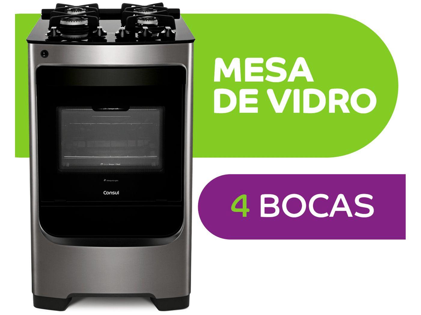 Fogão 4 Bocas Consul Inox Mesa de Vidro CFO4VARUNA