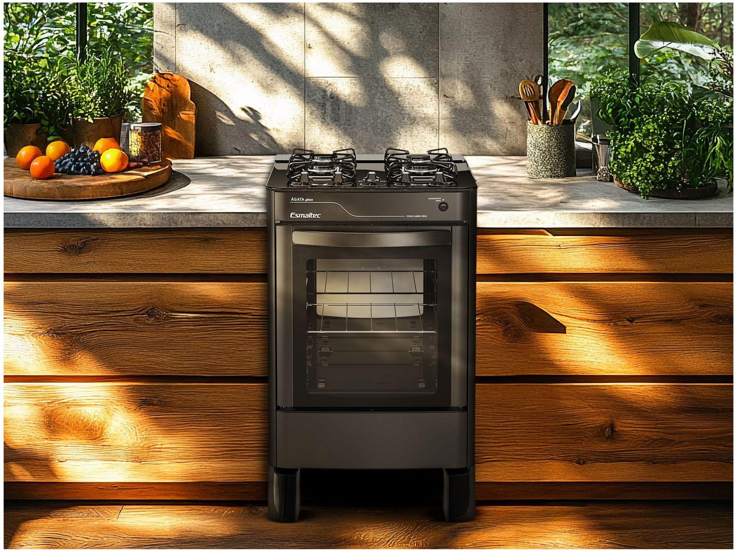 Fogão 4 Bocas Esmaltec Preto Mesa de Vidro Agata Glass 4090