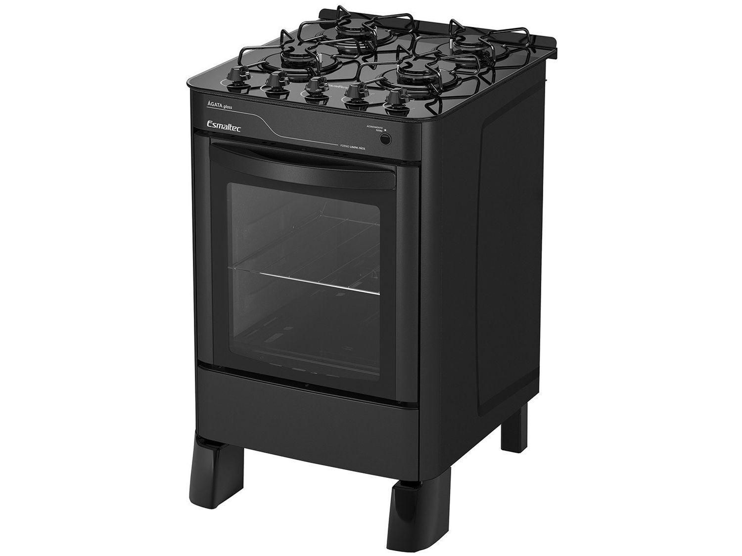Fogão 4 Bocas Esmaltec Preto Mesa de Vidro Agata Glass 4090