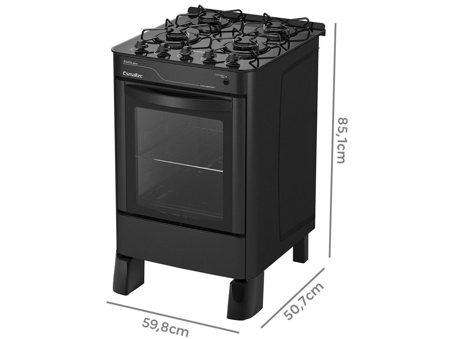 Fogão 4 Bocas Esmaltec Preto Mesa de Vidro Agata Glass 4090