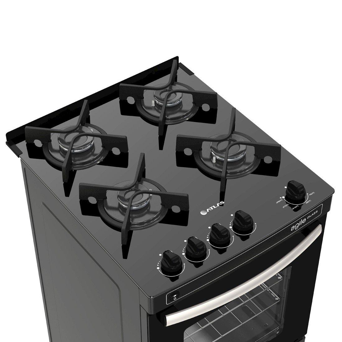 Fogão 4 bocas preto atlas com mesa de vidro agile glass Fogão 4