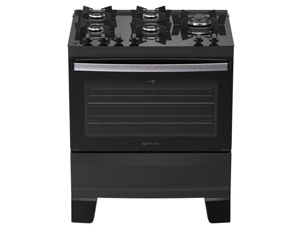 Fogão 5 Bocas Atlas Preto Mesa de Vidro Agile Up Glass