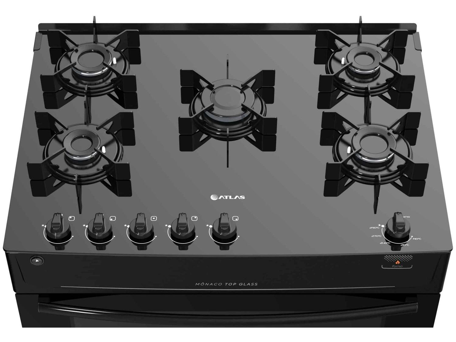 Fogão 5 Bocas Atlas Preto Mesa de Vidro Mônaco Top Glass