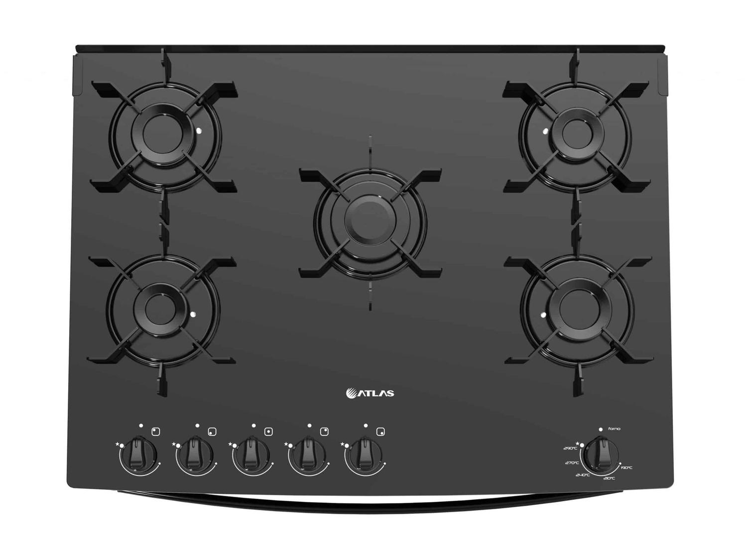 Fogão 5 Bocas Atlas Preto Mesa de Vidro Mônaco Top Glass