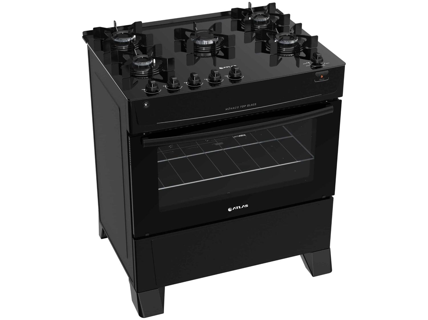 Fogão 5 Bocas Atlas Preto Mesa de Vidro Mônaco Top Glass