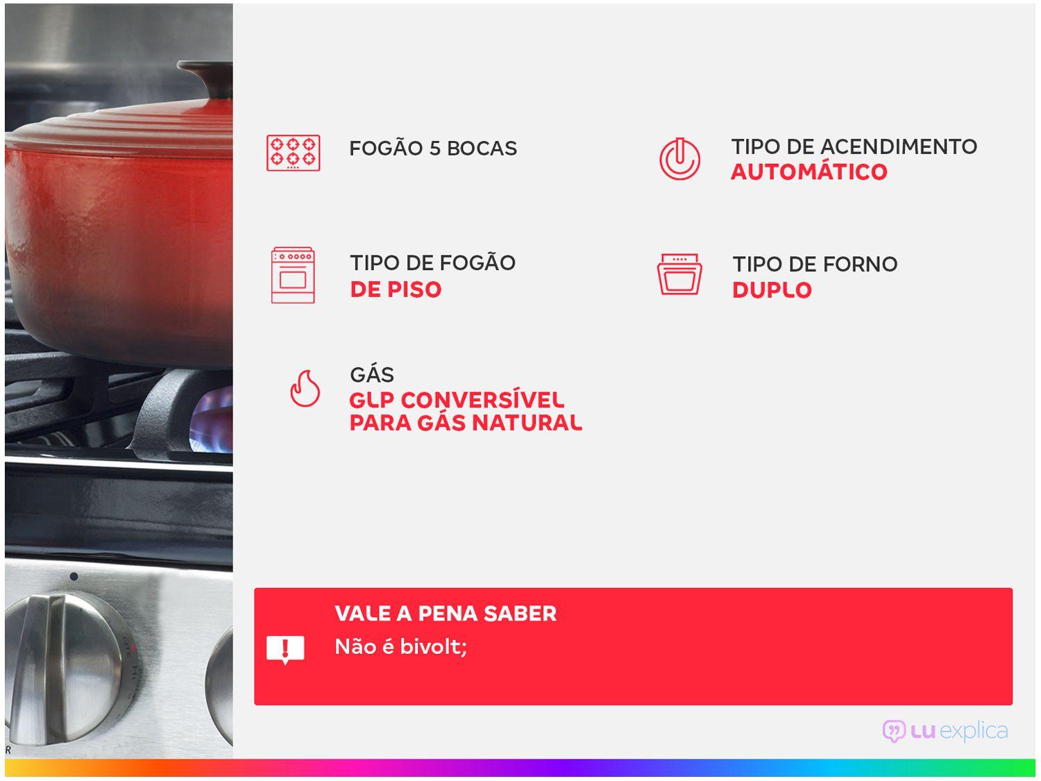 Fogão 5 Bocas Brastemp Inox Duplo Forno BFD5NCR