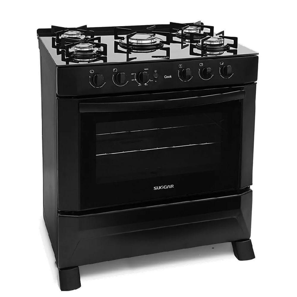 Fogão 5 Bocas Cook Suggar Preto Fgv500pt Mesa de Vidro Bivolt - Fogão 5