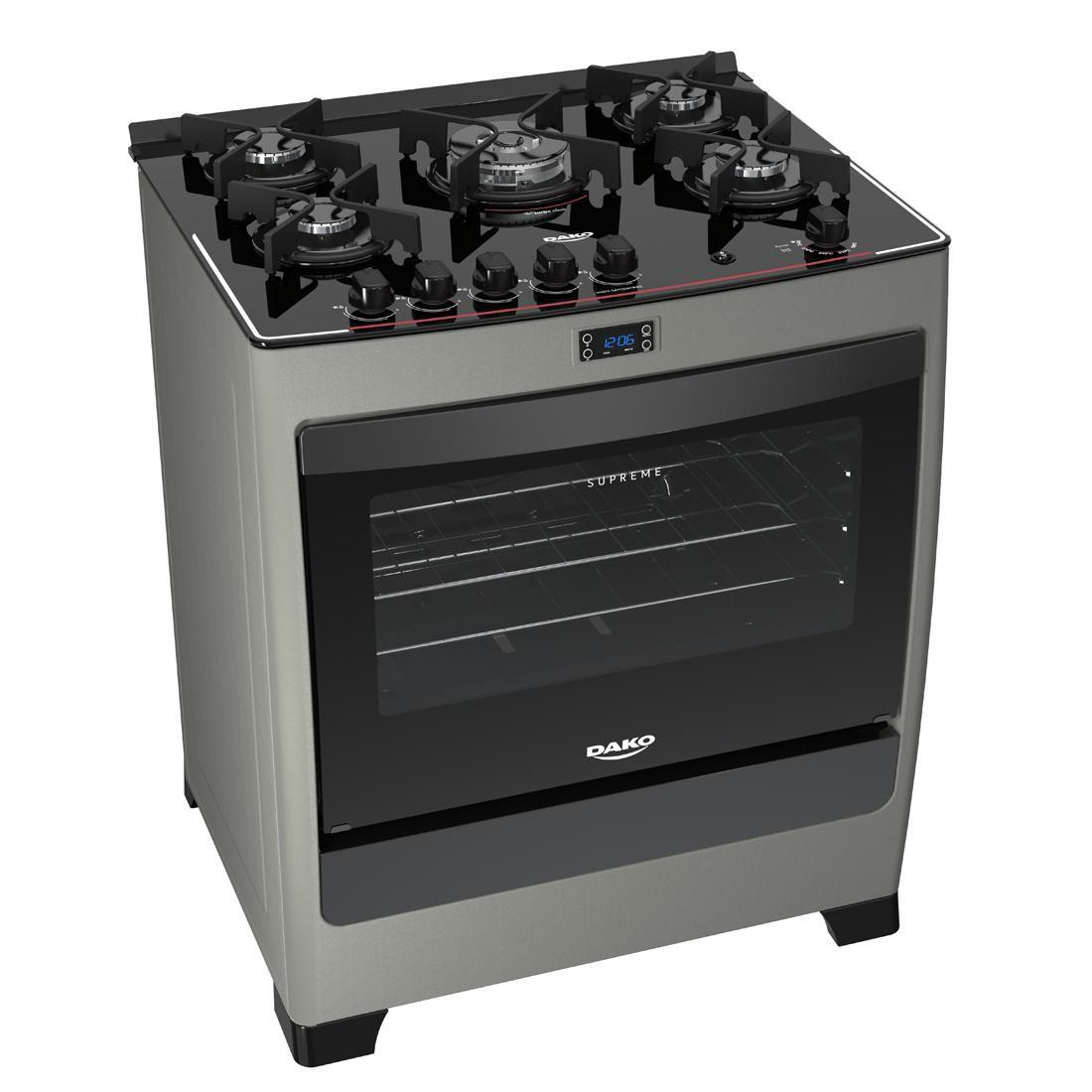 Fogão 5 bocas Dako Supreme Timer Glass Titanium com mesa de vidro