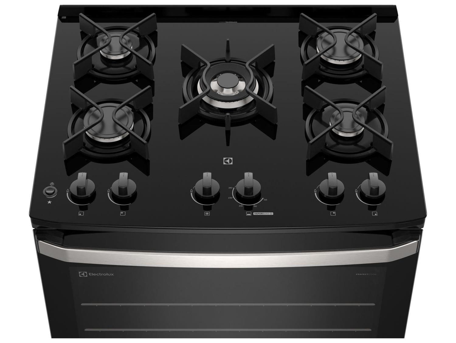 Fogão 5 Bocas Electrolux Inox Preto Mesa de Vidro Efficient FE5GB