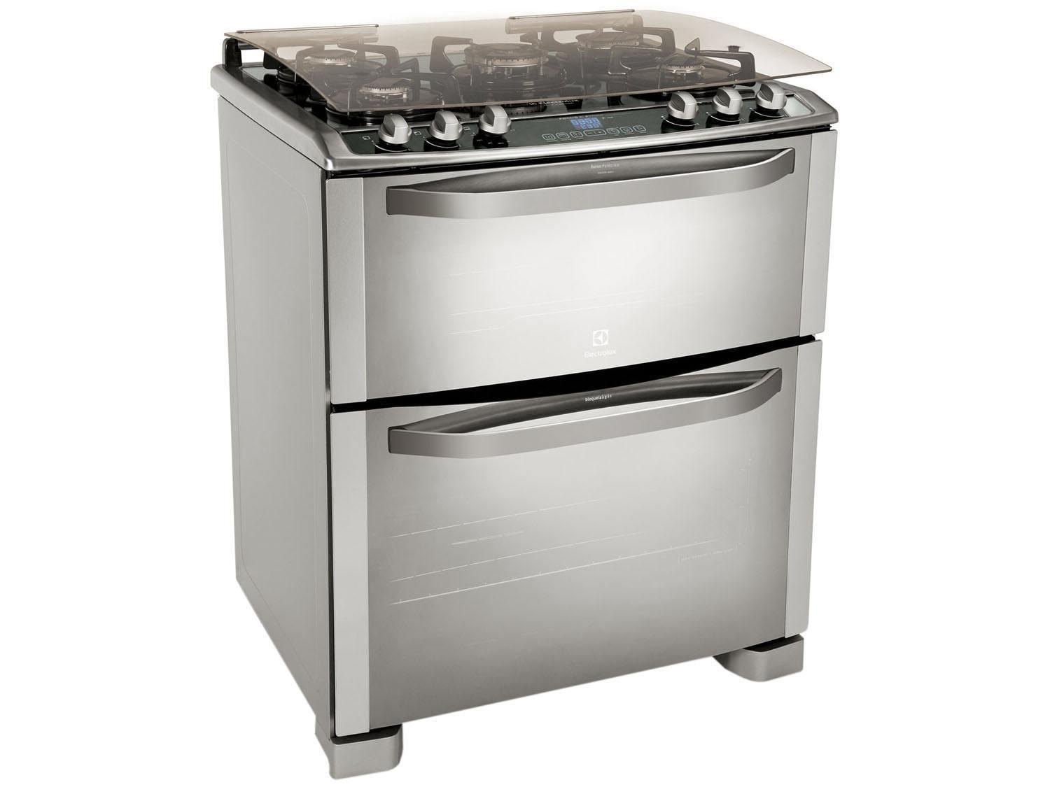 Fogão 5 Bocas Electrolux Mesa de Vidro Inox Forno Duplo Grill Tripla