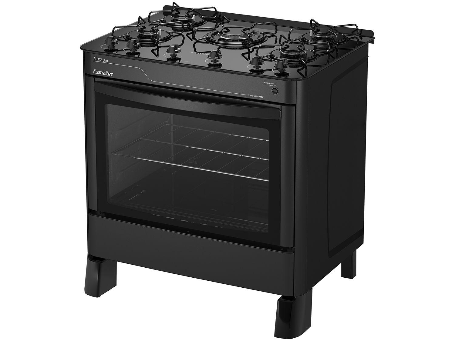 Fogão 5 Bocas Esmaltec Preto Mesa de Vidro Agata Glass