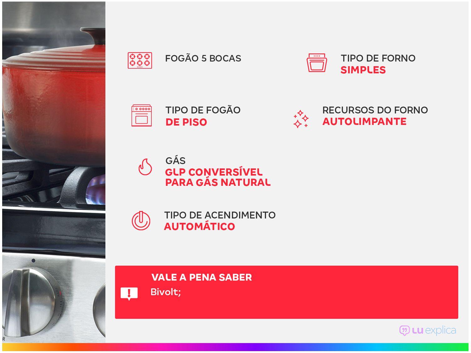 Fogão 5 Bocas Esmaltec Preto Mesa de Vidro Agata Glass