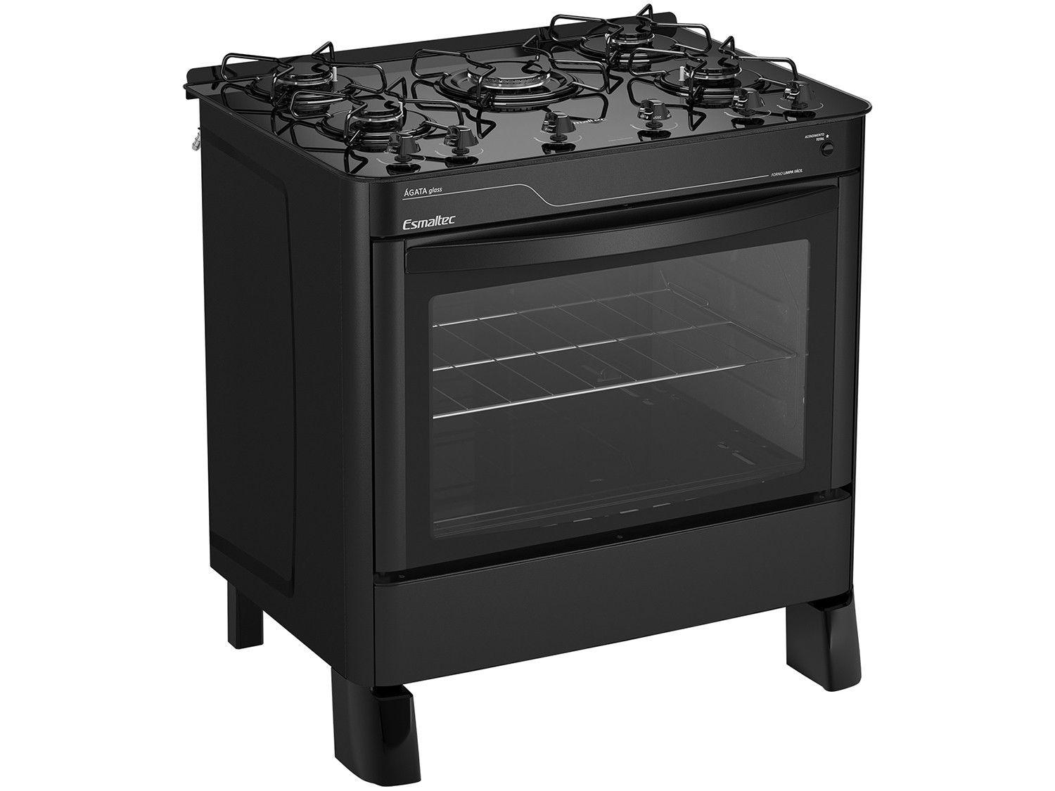 Fogão 5 Bocas Esmaltec Preto Mesa de Vidro Agata Glass