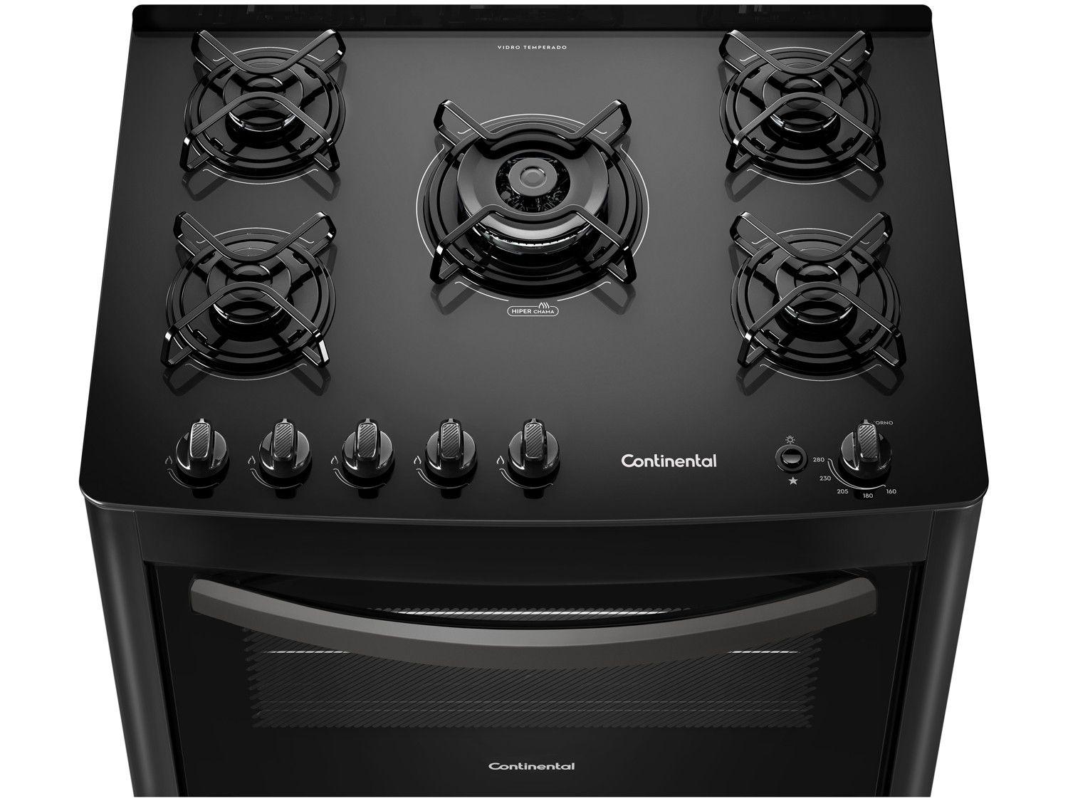 Fogão 5 Bocas Mesa de Vidro Continental Preto Acendimento Automático