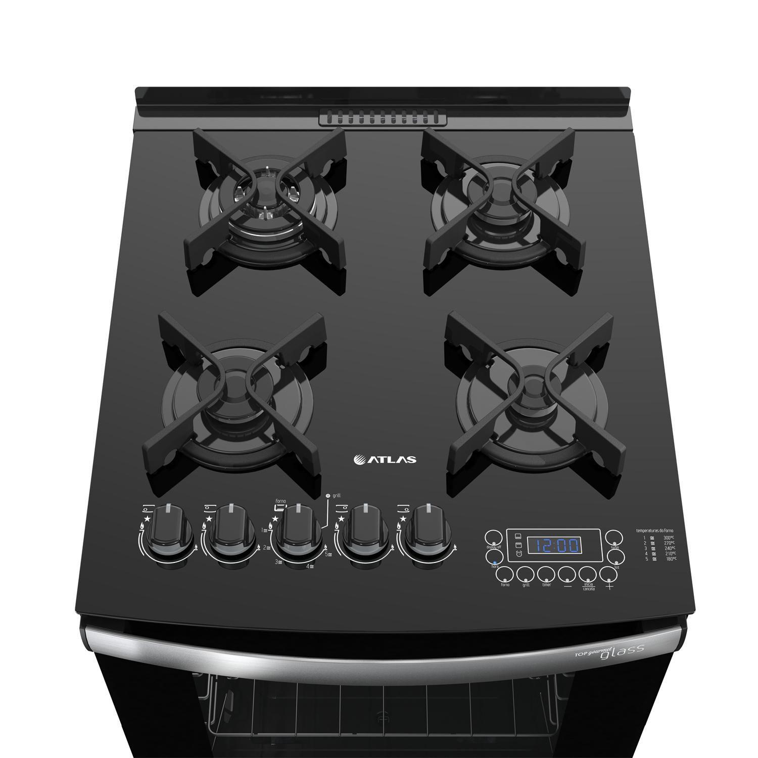 Fogão Atlas 4 bocas preto com mesa de vidro Top Gourmet Glass Atlas