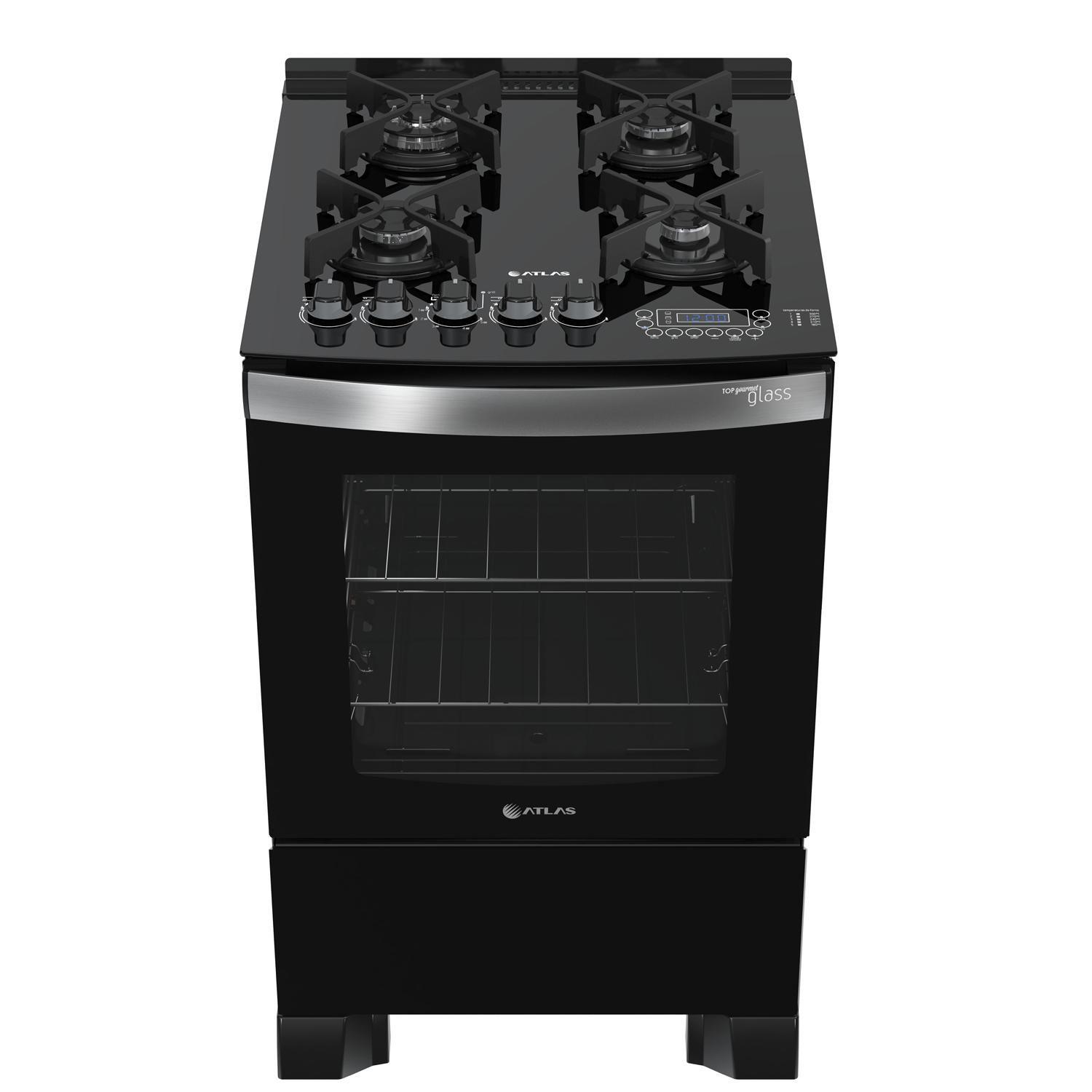 Fogão Atlas 4 bocas preto com mesa de vidro Top Gourmet Glass Atlas