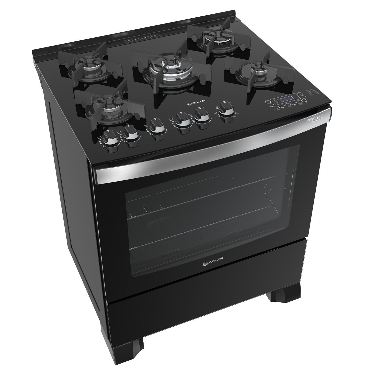 Fogão Atlas 5 bocas preto com mesa de vidro Top Gourmet Glass Atlas