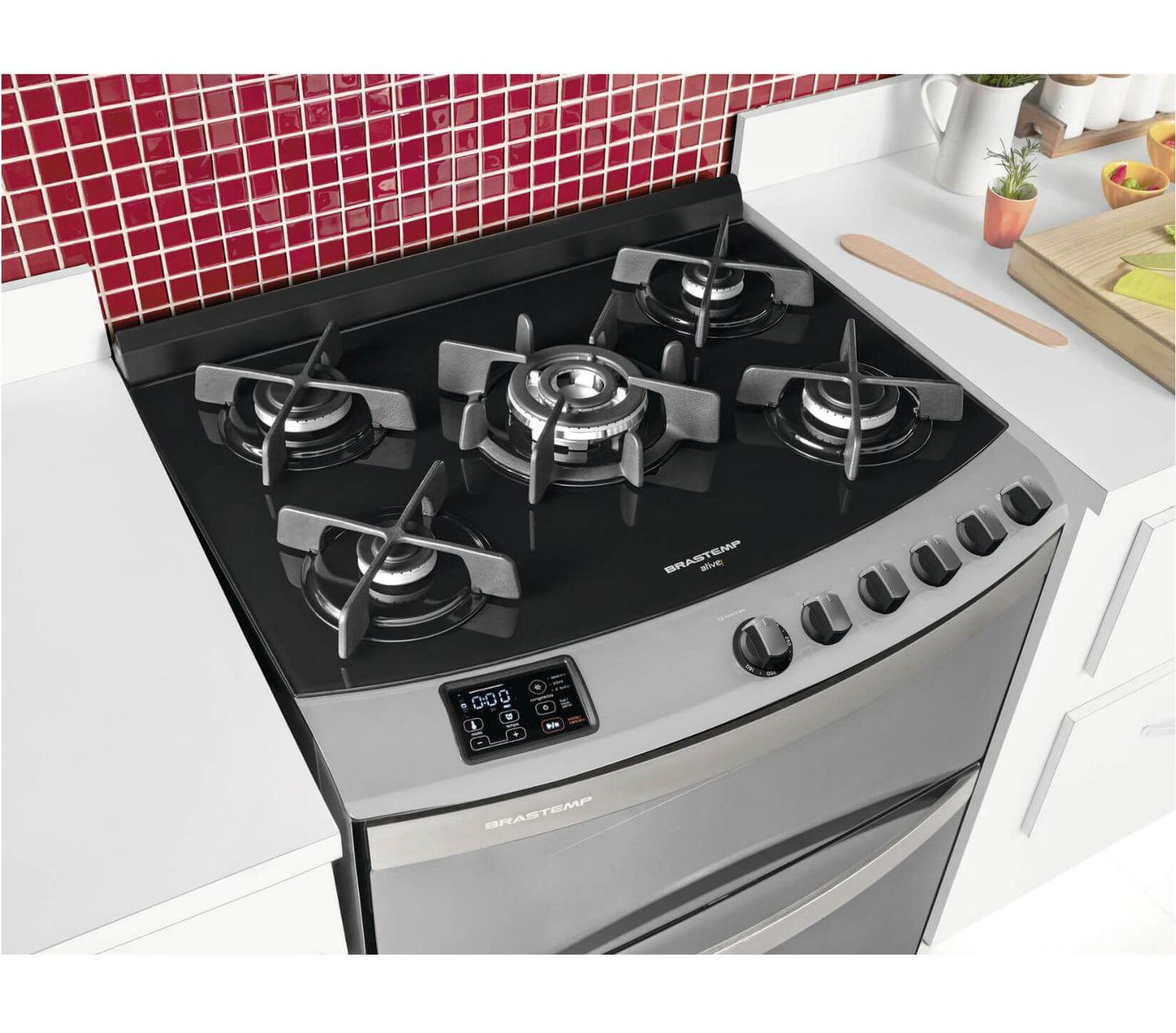 Fogão Brastemp 5 bocas duplo forno cor Inox com mesa de vidro e