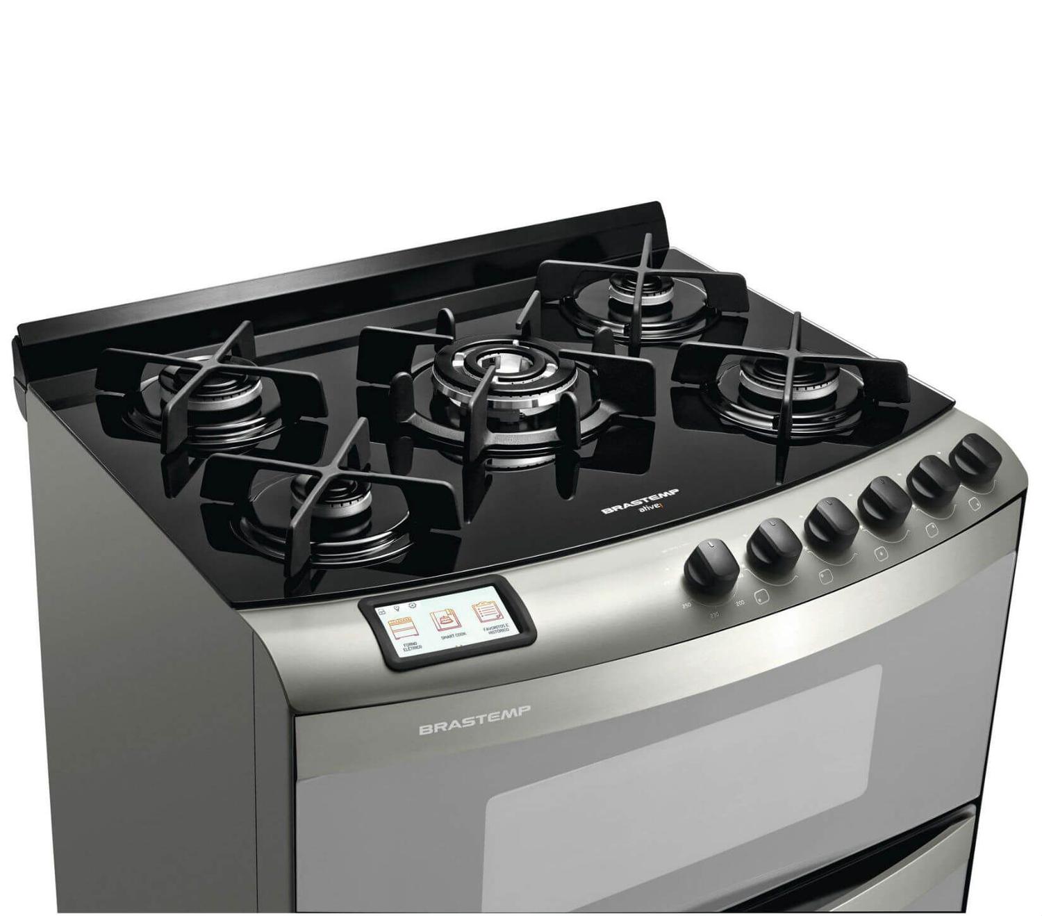 Fogão Brastemp 5 bocas duplo forno cor Inox com mesa de vidro e