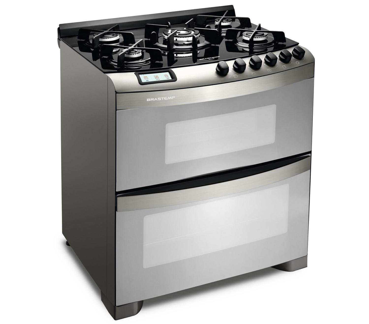 Fogão Brastemp 5 bocas duplo forno cor Inox com mesa de vidro e quadrichama Magazine Luiza