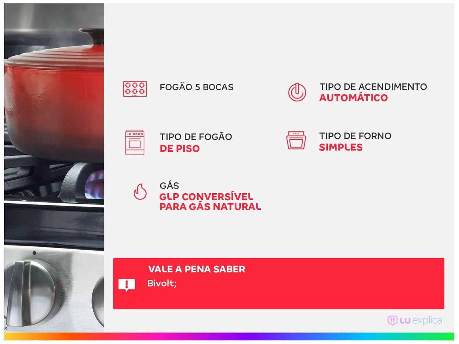 Fogão Brastemp 5 Bocas Inox com Botôes Removíveis