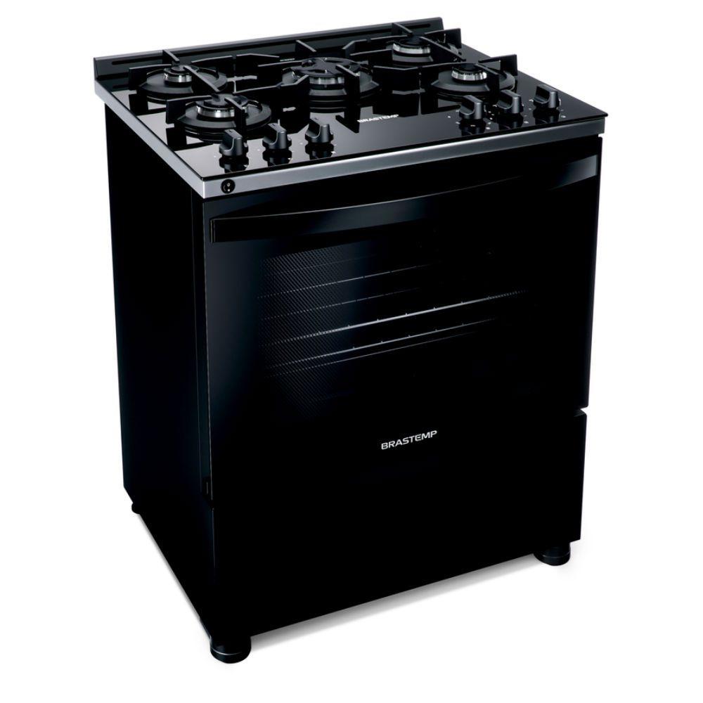 Fogão Brastemp 5 Bocas preto com mesa de vidro e turbo chama Fogão