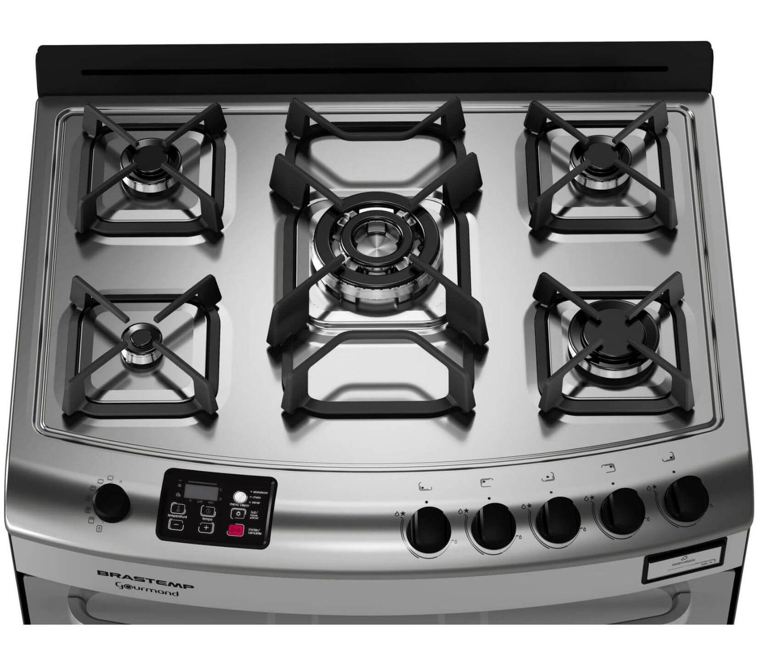 Fogão Brastemp Gourmand 5 bocas cor Inox com quadrichama e função vapor