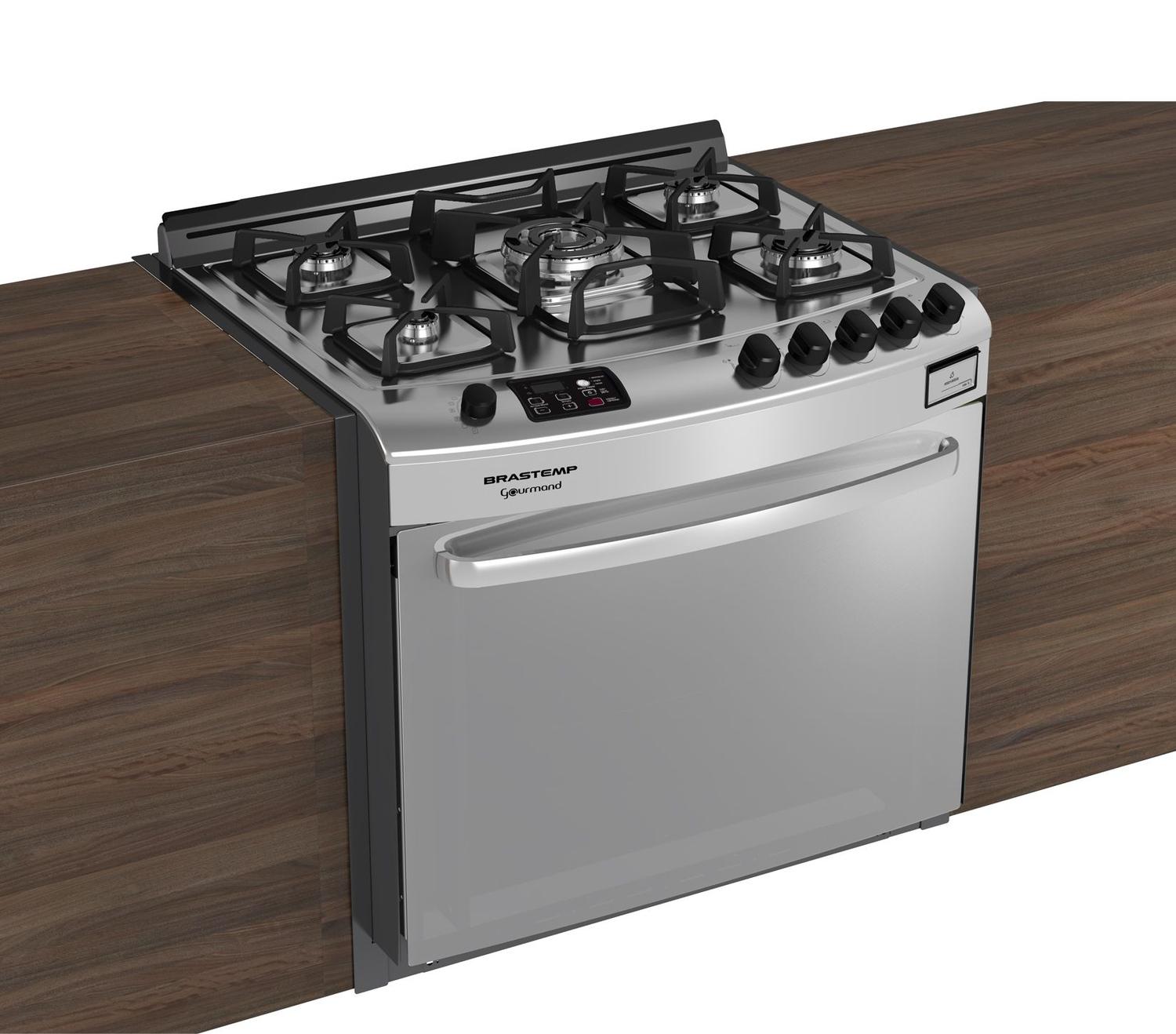 Fogão Brastemp Gourmand 5 bocas embutir cor Inox com quadrichama e