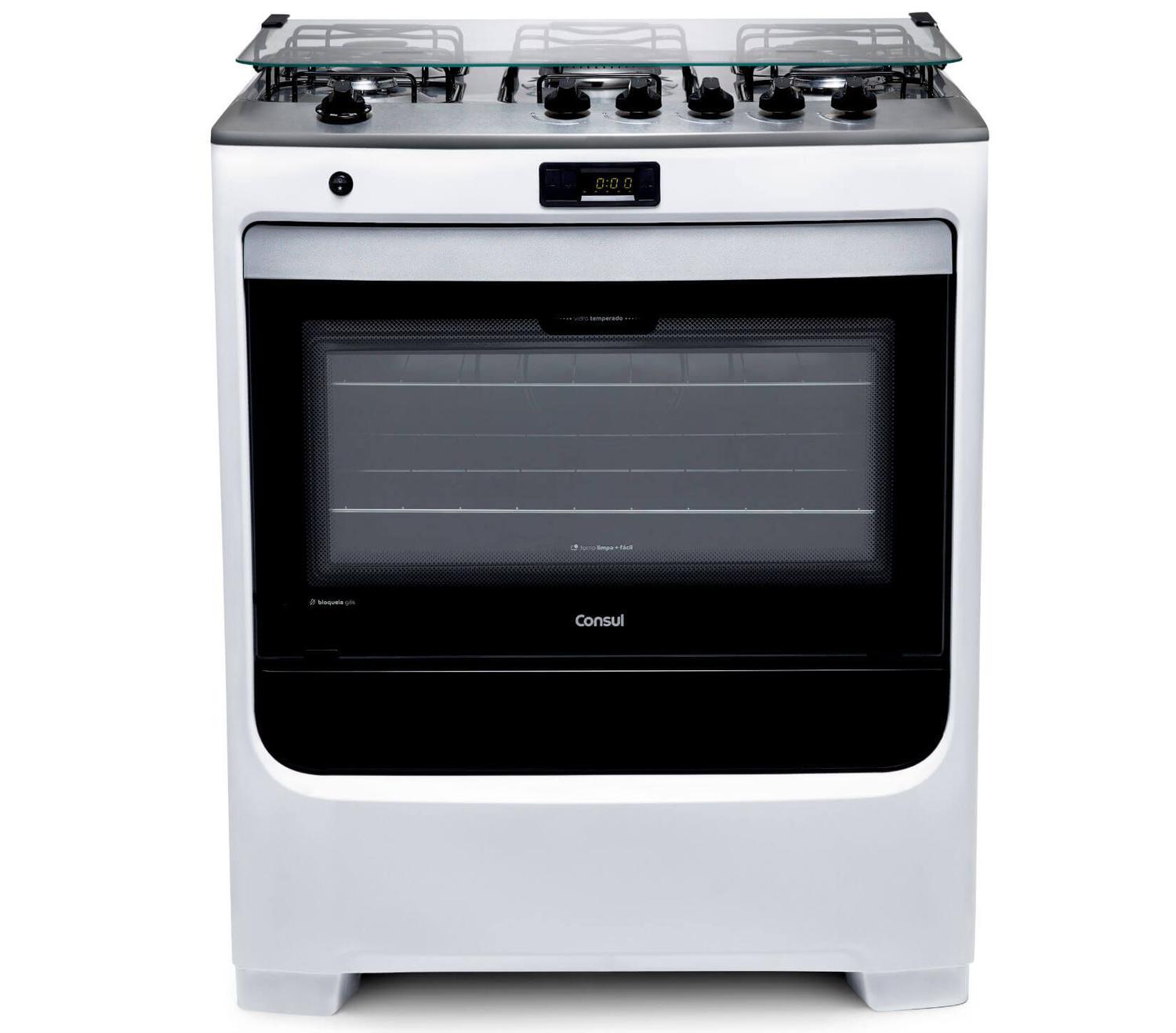 Fogão Consul 5 bocas branco com duplachama e timer digital CFS5QAB