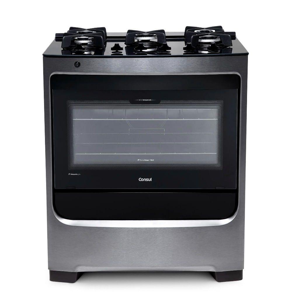 Fogão Consul 5 bocas cor Inox com mesa de vidro e trempe de ferro