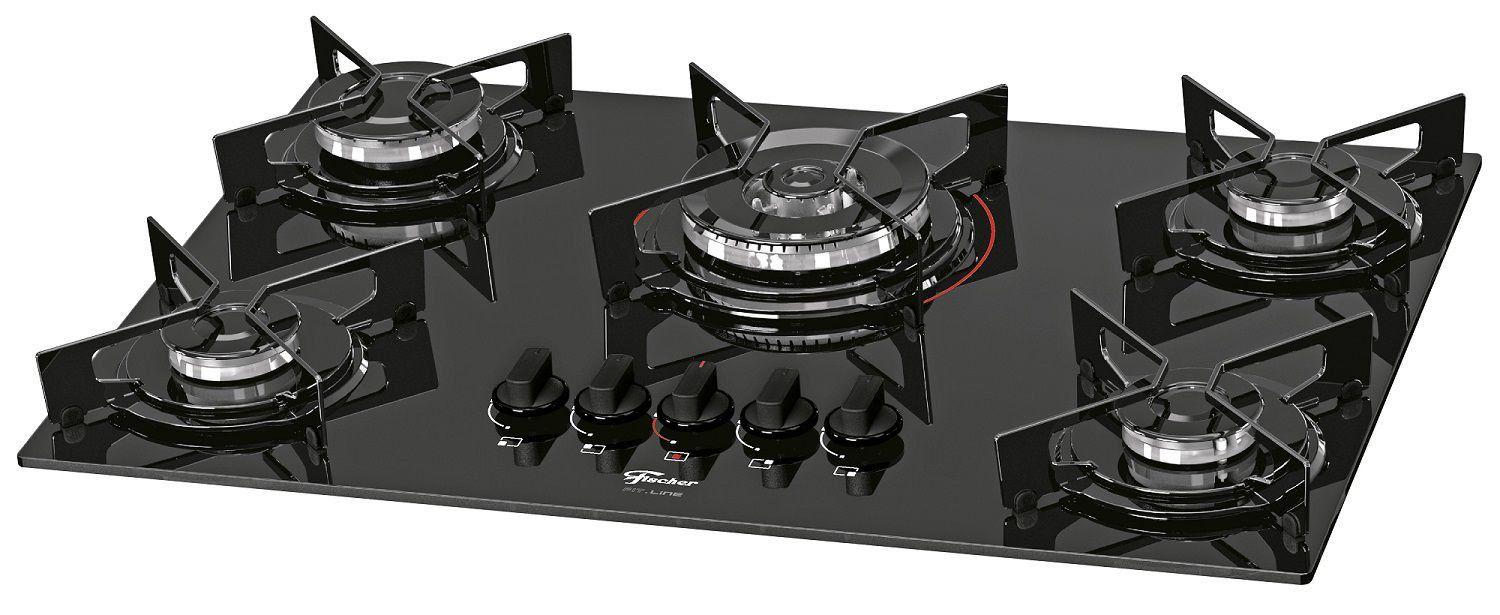 Fogão Cooktop 5Q Tripla Chama Fit Line Gás Mesa Vidro Fischer Cooktop