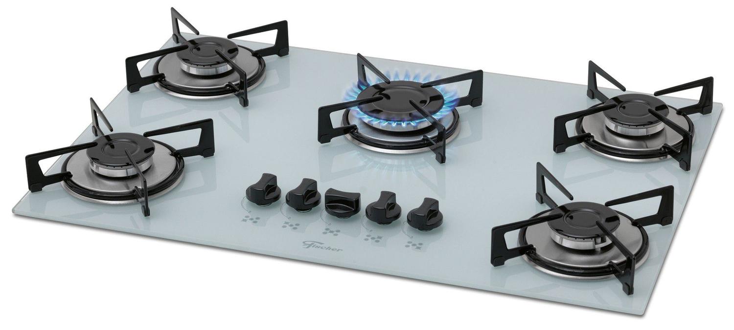 Fogão Cooktop Fischer 5 Bocas Gás Mesa Vidro Branco Cooktop 5 Bocas