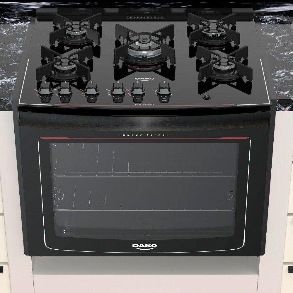 Fogão de Embutir 5 Bocas à Gás Dako Glass com Mesa de Vidro Preto
