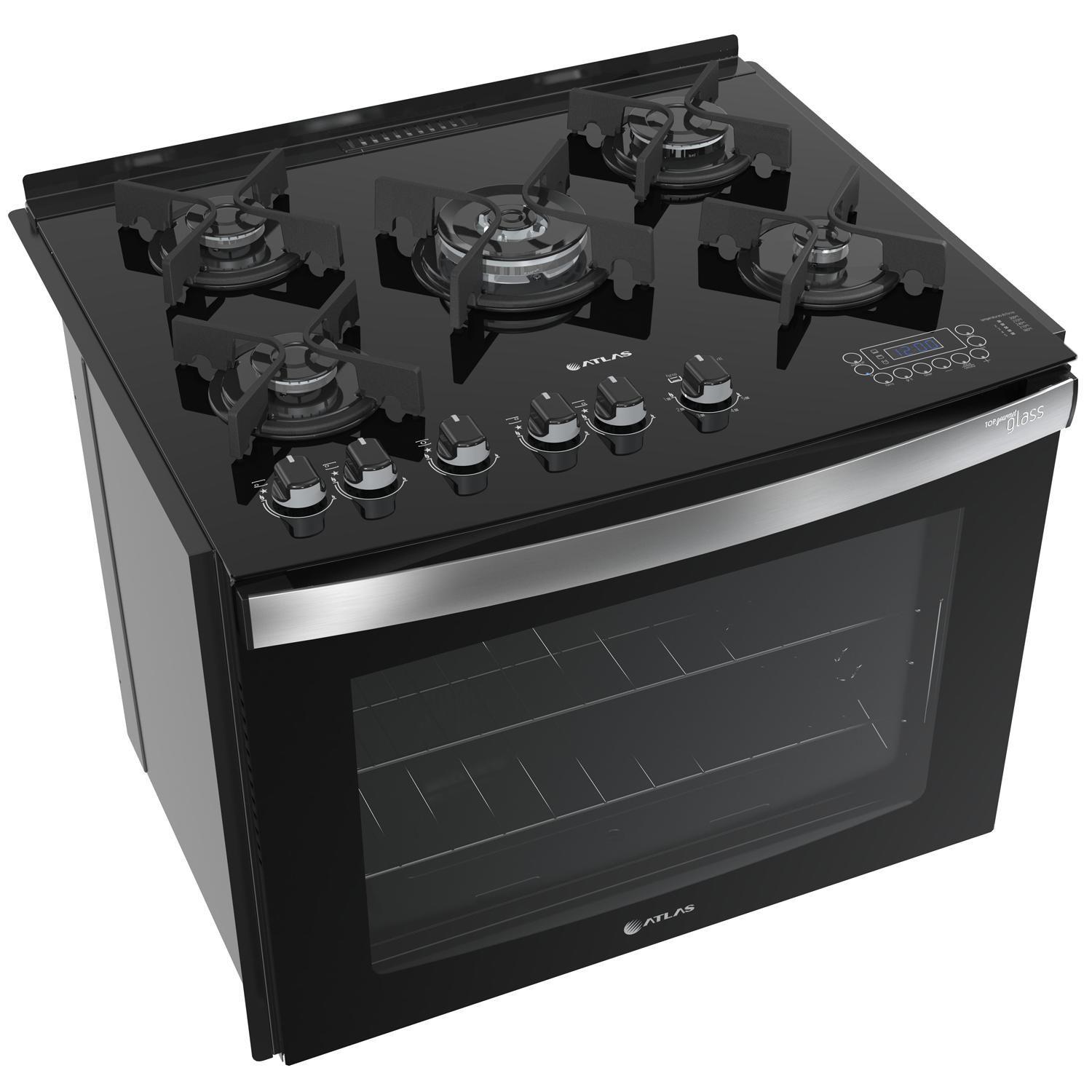 Fogão de embutir Atlas 5 bocas preto mesa de vidro Top Gourmet Glass