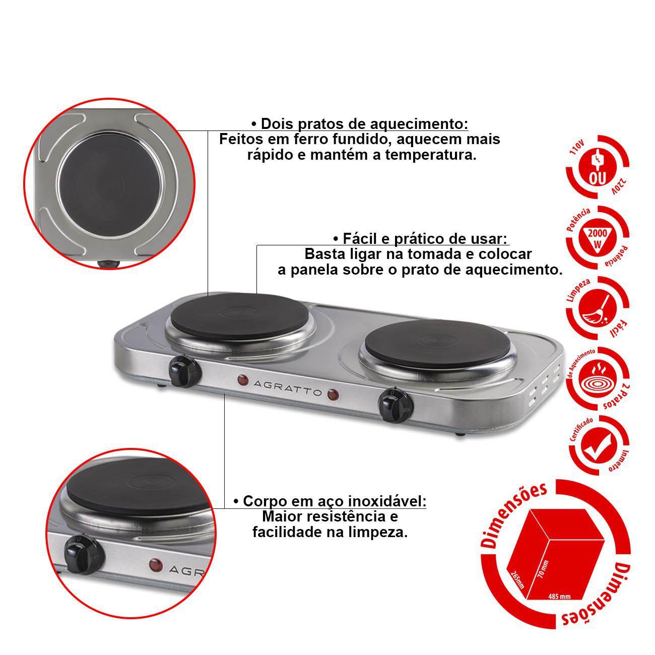 Fogão Elétrico de Mesa Portátil 2000W Agratto Camping Kit 2 unidades