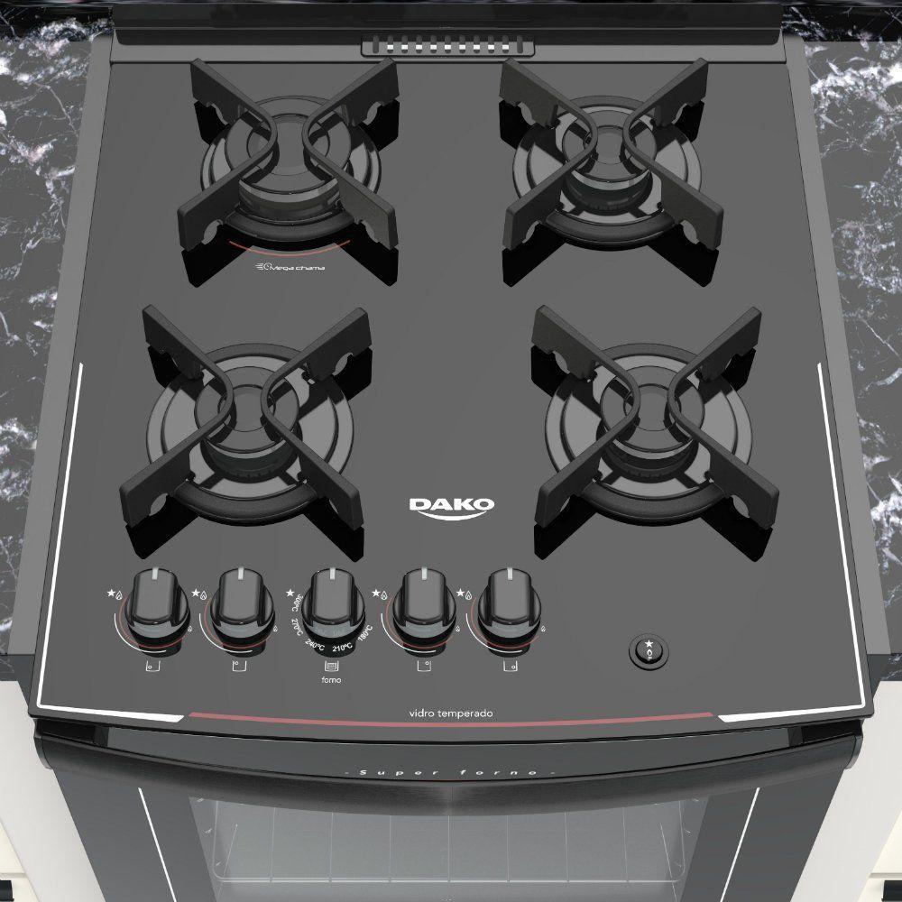 Fogão Embutir 4 bocas Preto com mesa de vidro Dako Glass DE4VUPPF0