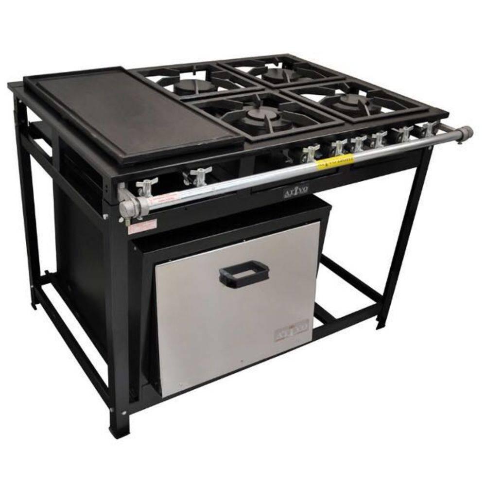 Fogão Industrial 4 Bocas com Forno Tampa inox 55L e Chapa Cristalaço