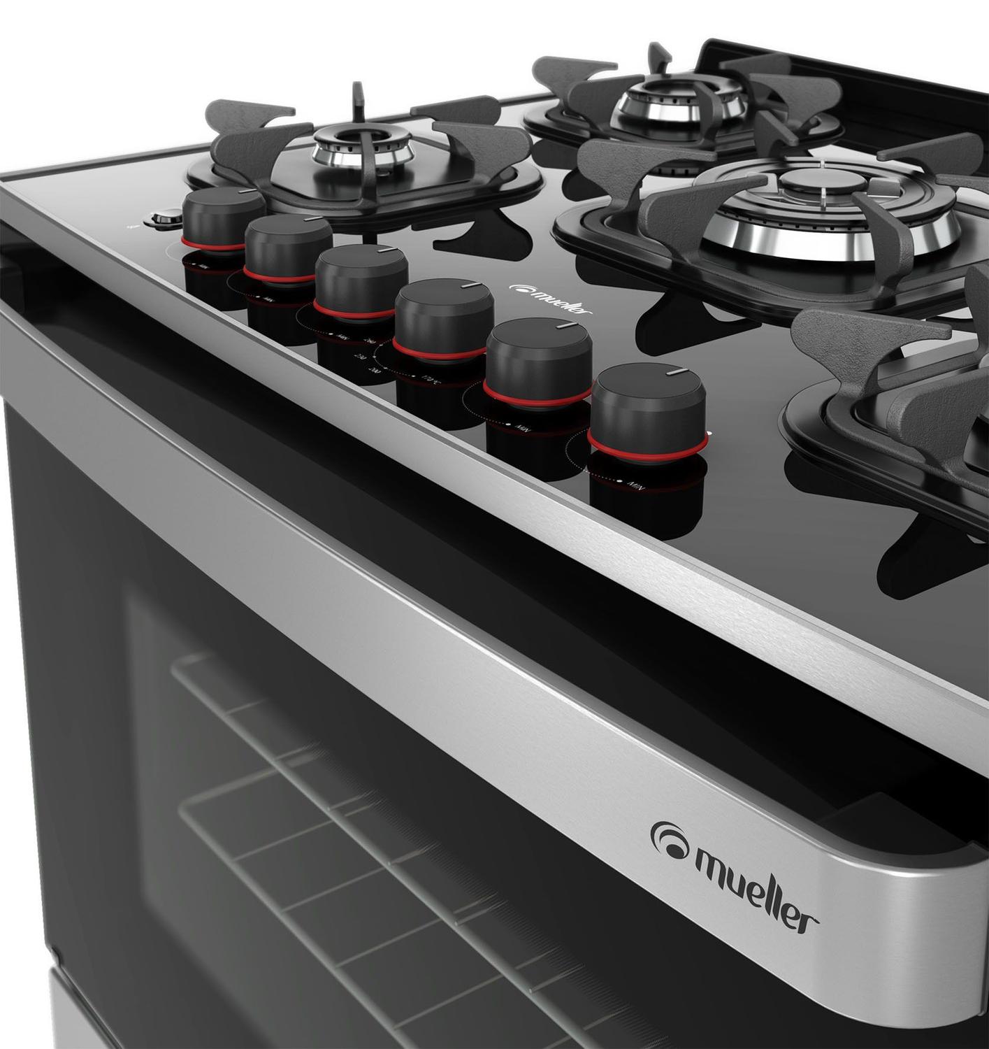 Fogão Mueller 5 bocas Piacere Vetro Inox com Mesa de Vidro Fogão 5