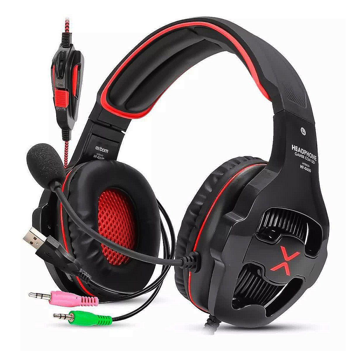 Fone de Ouvido Headset Gamer Super Bass USB + P2 Duplo Luz de Led HF