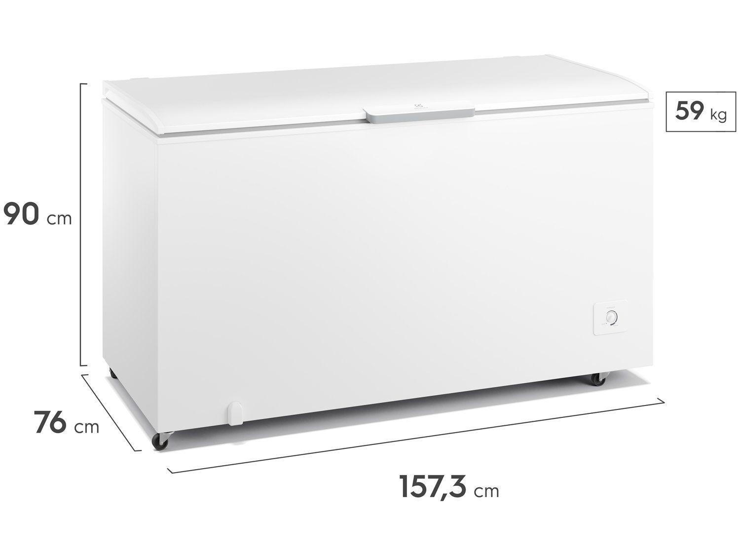 Freezer horizontal Electrolux HI550 branco com as dimensões (altura, largura, profundidade) e peso (59kg) indicados.