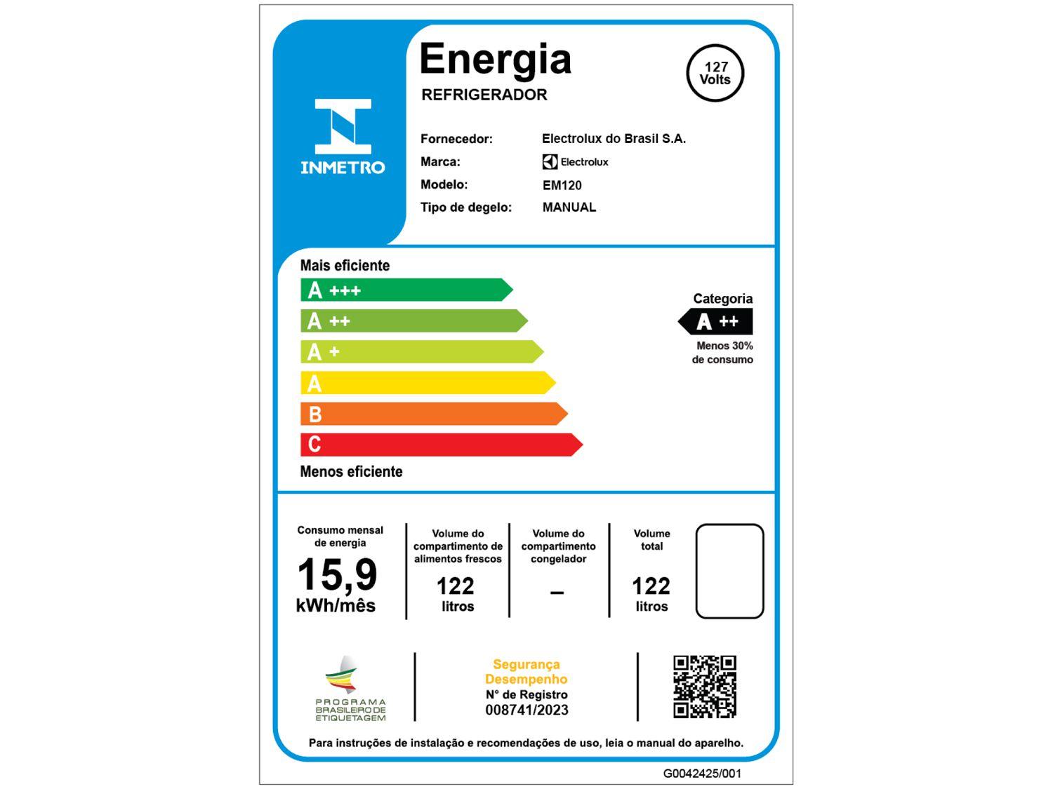 Frigobar Electrolux 122L Branco Efficient EM120