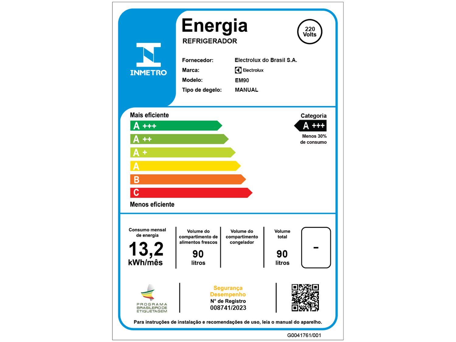 Frigobar Electrolux 90L Branco Efficient EM90