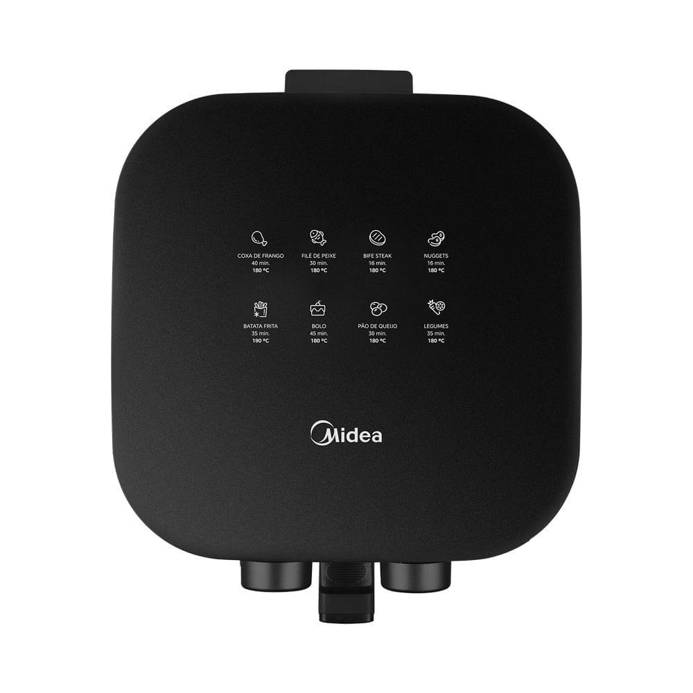 Close no topo da Air Fryer Midea mostrando o guia de sugestões de tempo e temperatura para diversos alimentos