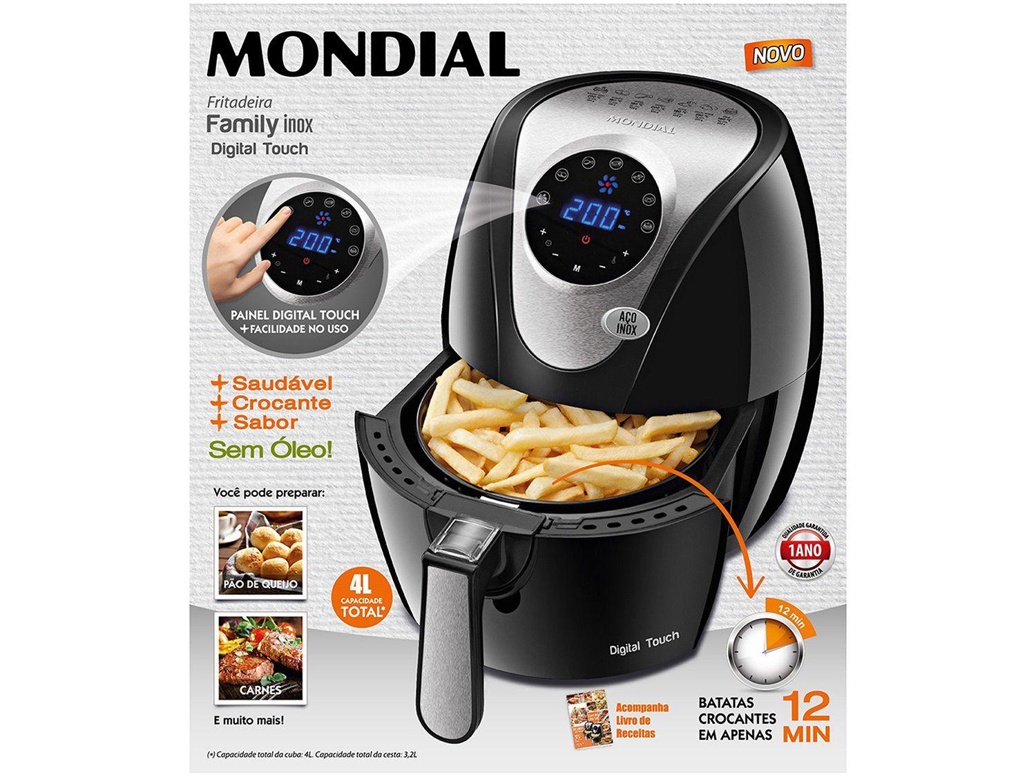 Fritadeira Elétrica Sem Óleo/Air Fryer Mondial Family Inox Preta 4L