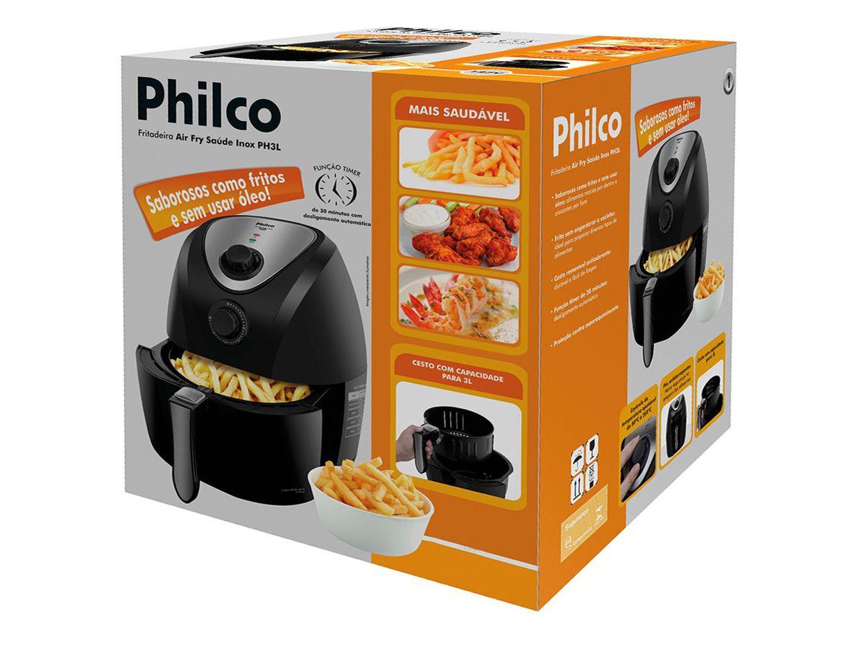 Fritadeira Elétrica Sem Óleo/Air Fryer Philco Air Fry Saúde Preta 3L com Timer Fritadeira