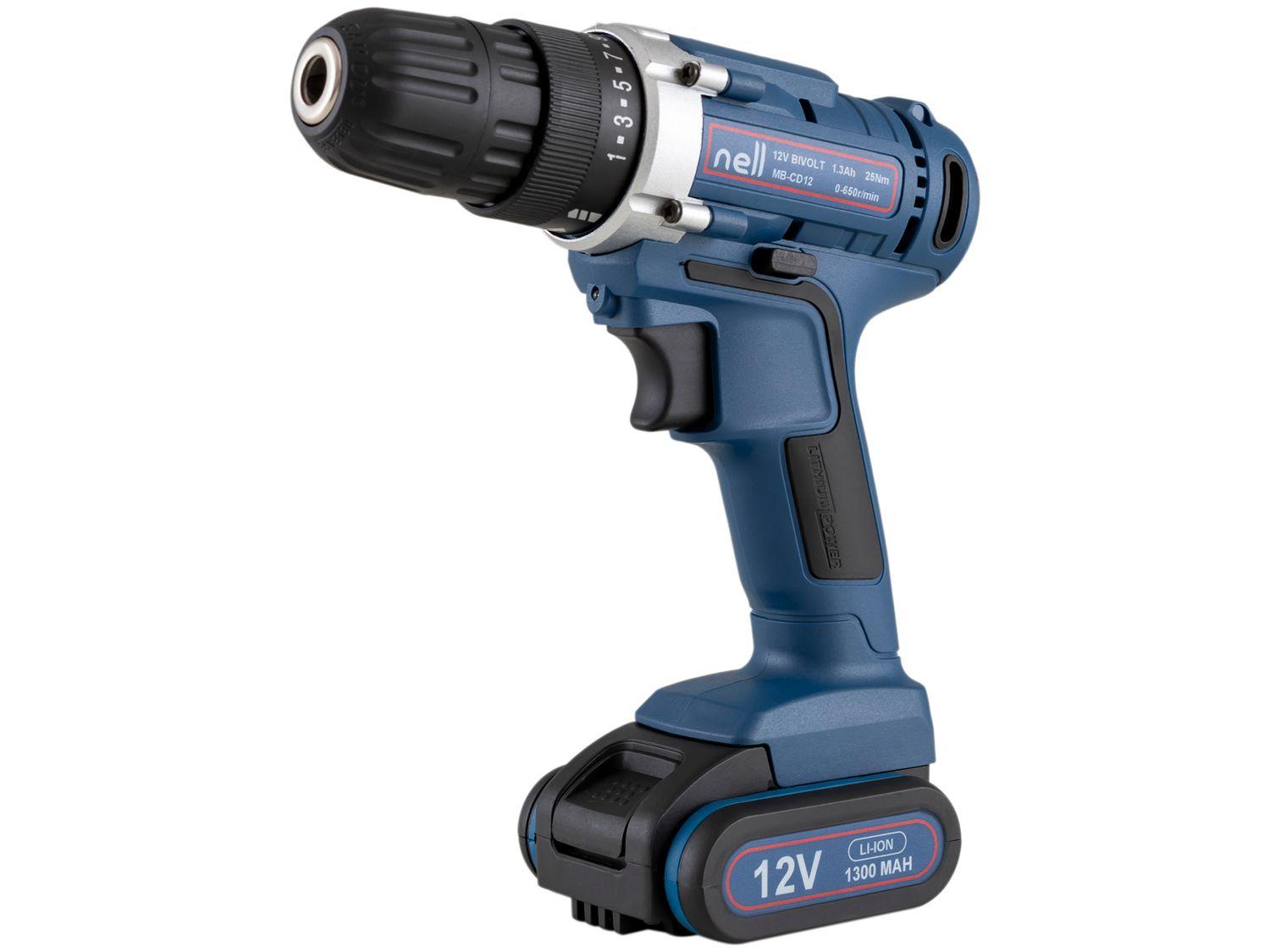 Furadeira e Parafusadeira a Bateria 12V 3/8" com Maleta + 13 Peças Nell
