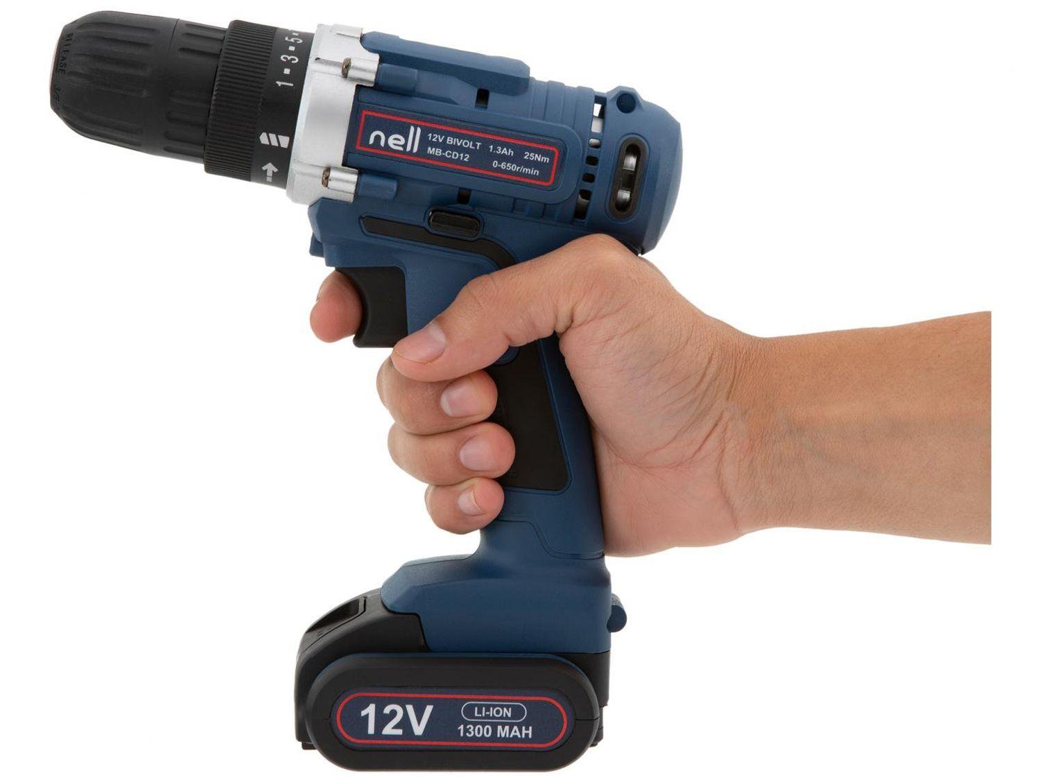 Furadeira e Parafusadeira a Bateria 12V 3/8" com Maleta + 13 Peças Nell