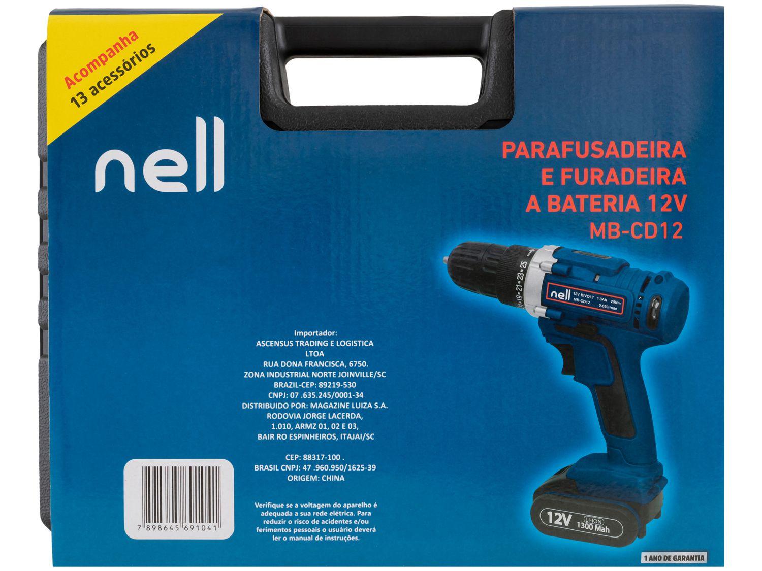 Furadeira e Parafusadeira a Bateria 12V 3/8" com Maleta + 13 Peças Nell